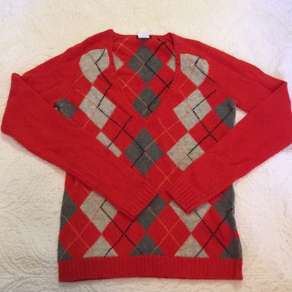 J Crew red and grey argyle sweater